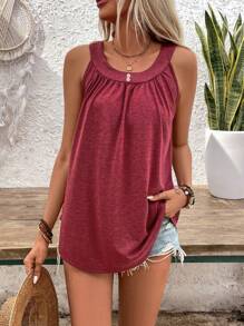 SHEIN LUNE Top de verano sin mangas y cuello en U plisado rojo para mujer - Burdeos - Ver 1