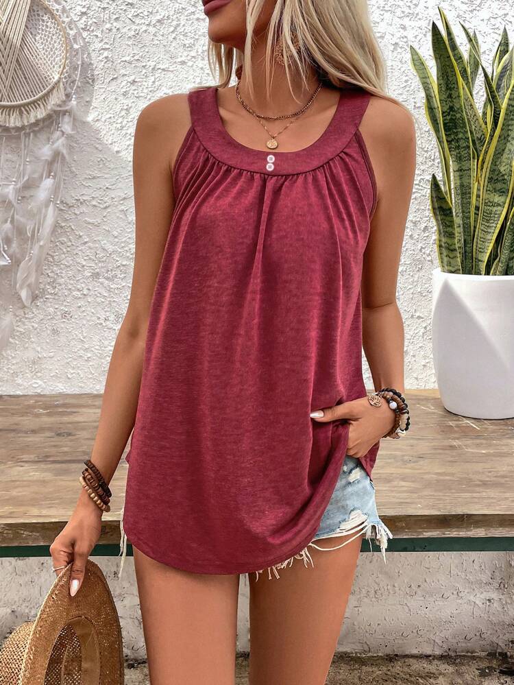 Sleeveless Pleated Red U-Neck Women Summer Top