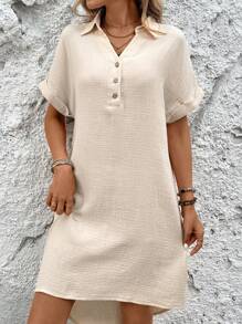 SHEIN LUNE Vestido camisero informal de mezcla de algodón y lino para el verano, con cuello mao, decoración de botones en la espalda, superposición y bajo asimétrico para mujeres - Albaricoque - Ver 2