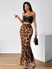SHEIN Privé 女士豹紋透視高低不對稱裙，低腰款式 - 彩色 - 查看 6