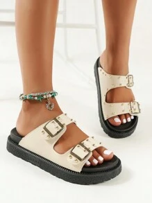 Beige Women Platform Wedge Heel Studded Slip-On Sandals