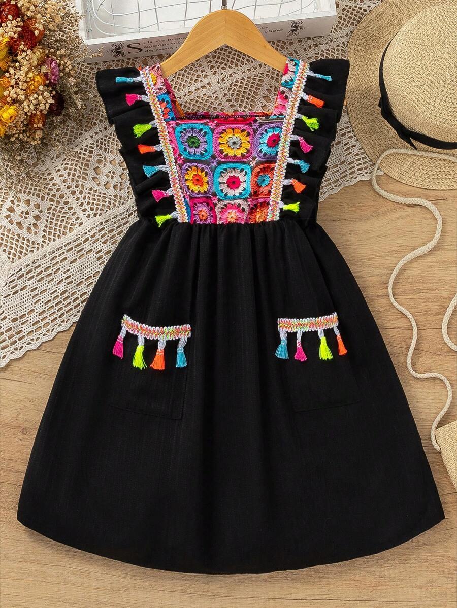 少女休閒優雅假日拼接數字印花連衣裙 - 黑色 - 查看 1