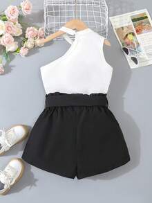 Conjunto de niña preadolescente con top y pantalones cortos de uso diario en unicolor y estilo sencillo - Negro - Ver 2