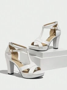 女士厚底高跟凉鞋，优质厚底白色T字带凉鞋，罗马风格，优雅时尚，度假必备