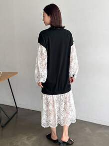 FRIFUL Designer 女士宽松V领撞色灯笼袖荷叶边连衣裙，春秋季吊带裙，休闲女式长袖连衣裙 - 黑色 - 查看 5