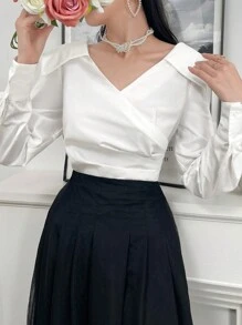 Modelyn 女士純色百搭日常長袖襯衫 - 白色 - 查看 5