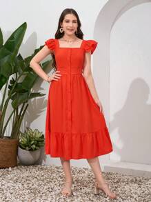 SHEIN Teen Girl Woven Ruffled Flutter Sleeve Open-Front Belted Holiday Dress