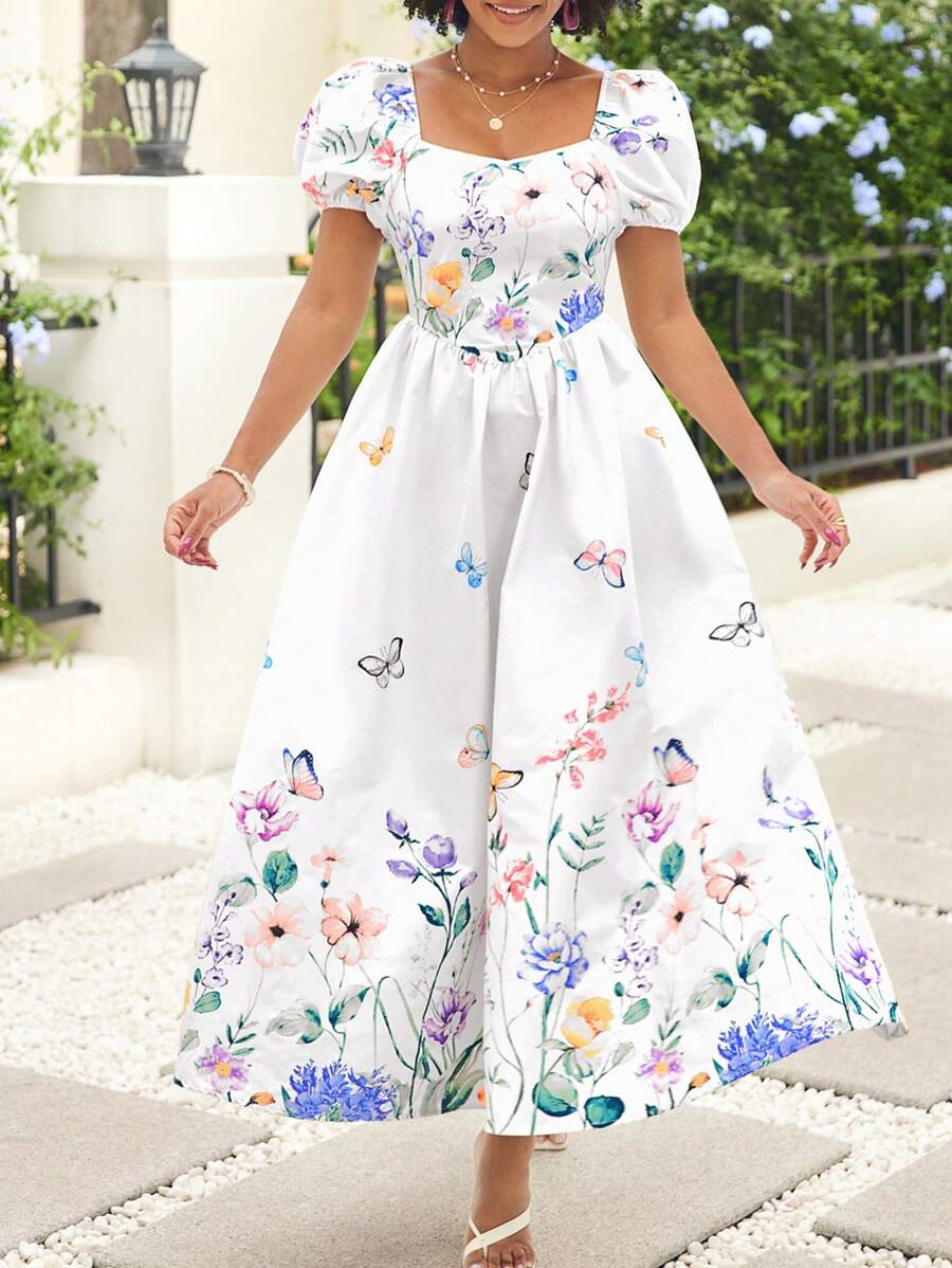 SHEIN Lady Blumiges Kleid, elegantes Hochzeitskleid, Maxikleid für Frauen, Abschlussball weißes Kleid - Verschiedenfarbig - Übersicht 1