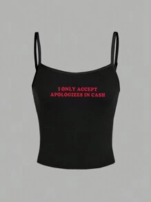 Attitoon Camiseta sin mangas negra casual y sexy con eslogan "Solo acepto disculpas en efectivo", apropiada para el verano. SOLO ACEPTO DISCULPAS EN EFECTIVO