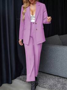 Chiquease Women Casual Solid Color Suit Set With Long Coat And Pants - Purple - View 6
