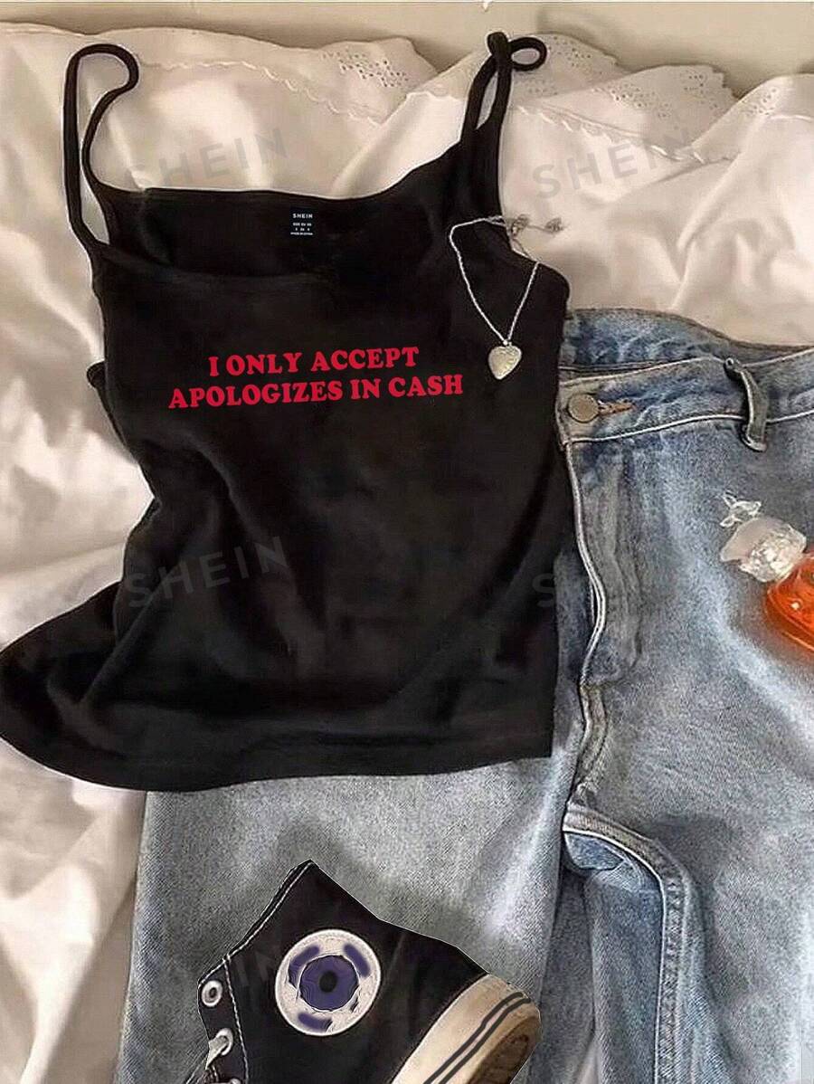 Attitoon Camiseta sin mangas negra casual y sexy con eslogan "Solo acepto disculpas en efectivo", apropiada para el verano. SOLO ACEPTO DISCULPAS EN EFECTIVO