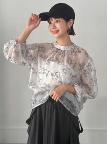 FRIFUL Women Fashion Flower Print Mid Sleeve Shirt Sheer - White - View 8