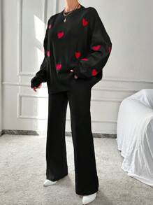 SHEIN Cottnline Women's Heart Pattern Drop Shoulder Sweater And Sweater Pants Set - Black - View 3