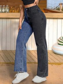 Women's Straight Leg Jeans With Contrast Color Splicing And Side Pockets - Medium Wash - View 4
