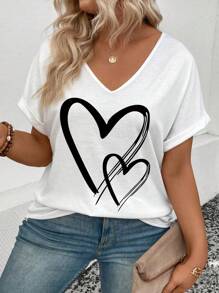 INAWLY Camiseta de verano para mujer talla grande, con cuello en V, estampado de corazones y mangas enrolladas, camisetas gráficas para mujer - Blanco - Ver 4
