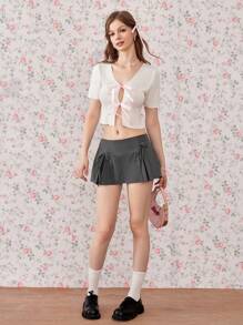 SHEIN Unity 女士时尚低腰甜美纯色蝴蝶结迷你裙 Y2K风 - 灰色 - 查看 6