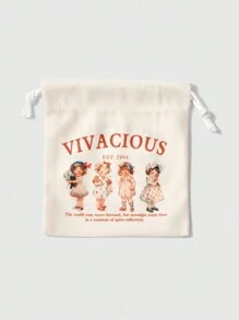 ROMWE Kawaii Portable Cartoon Retro Screenshot Girl Large Capacity Drawstring Cosmetic Bag Coin Purse 442464