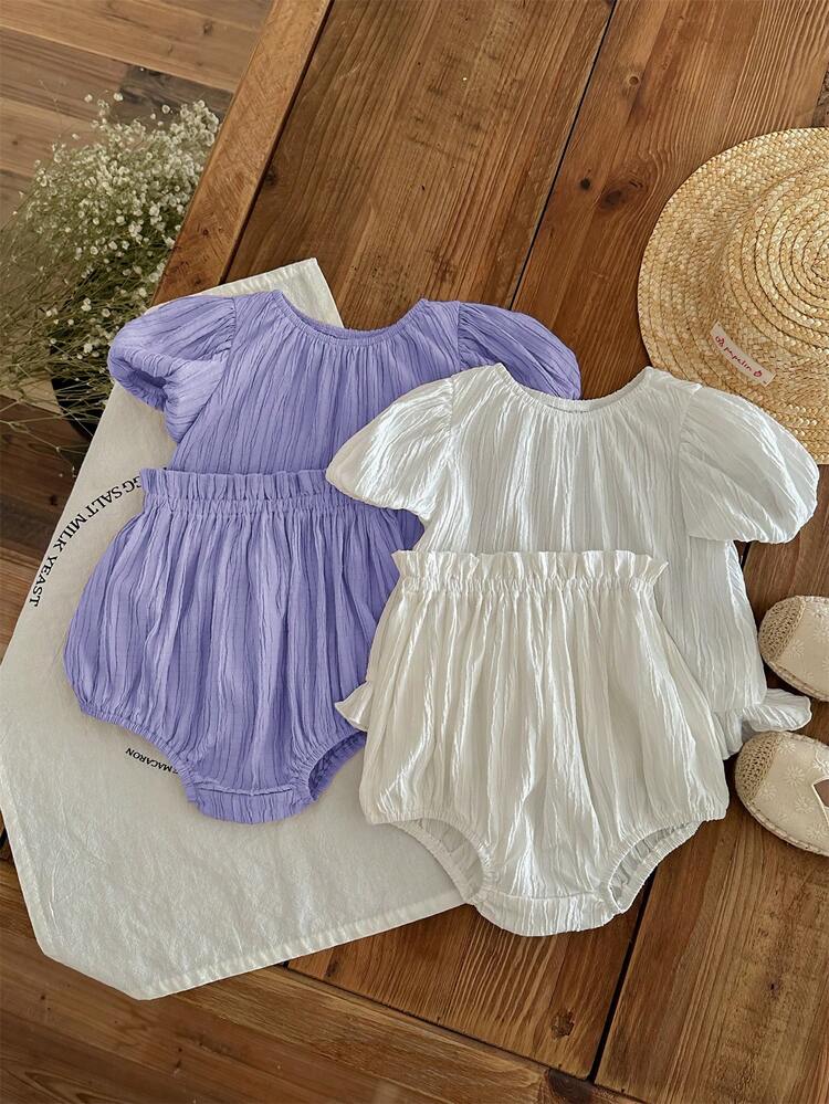 Baby Girl Simple Solid Color Textured Short Sleeve Top & Elastic Waist Shorts 4pcs Set, Suitable For Summer