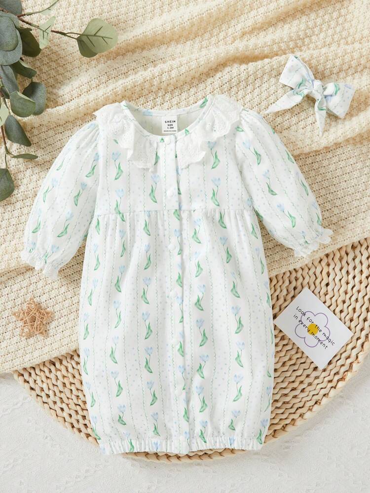 Baby Girl Printed Lantern Sleeve Casual Homewear With Ruffle Hem And Single-Breasted Button