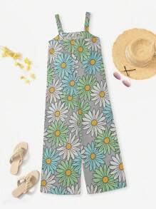 SHEIN LUNE Mouwloze jumpsuit met wijde pijpen en bloemenprint voor vakantie en vrije tijd