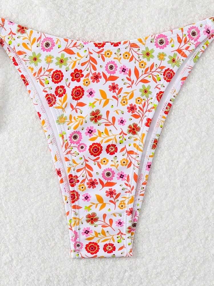 Women's Ditsy Floral Halter Neck Tied Sexy Bikini Set For Vacation, Random Print,Summer Beach