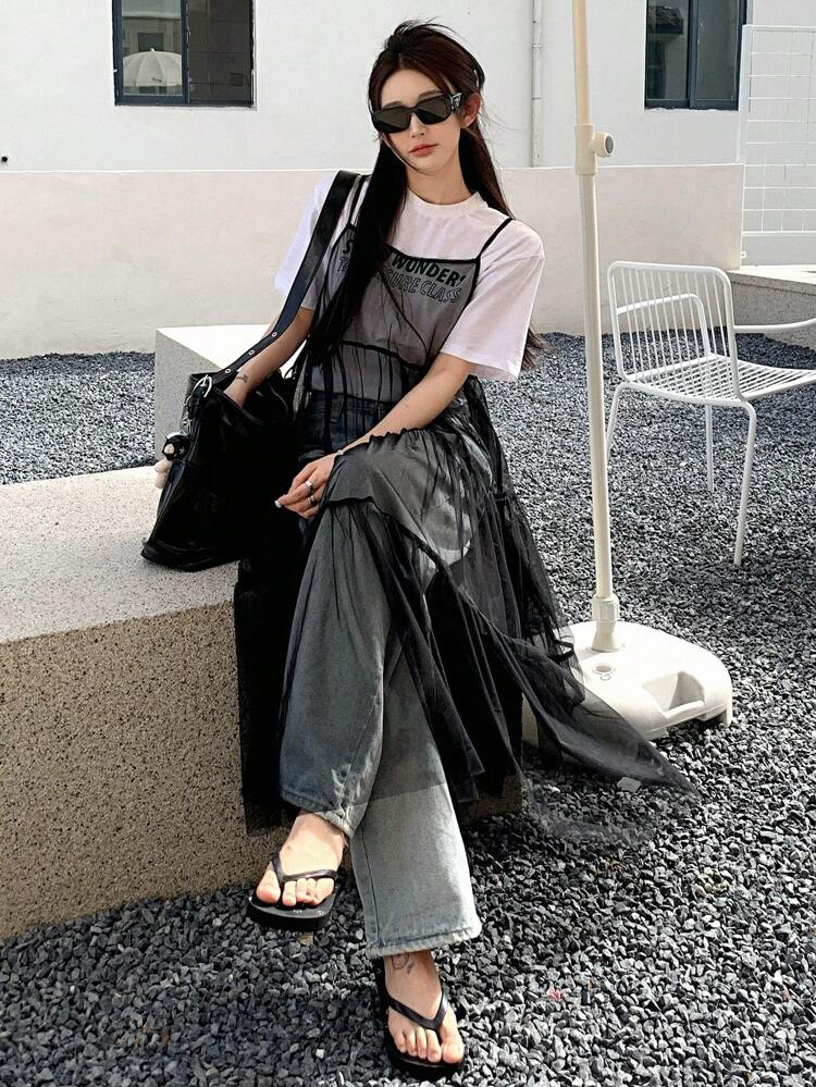 Women's Summer Solid Color Sheer Long Mesh Ruffle Hem Cami Dress Sundress Maxi Dress
