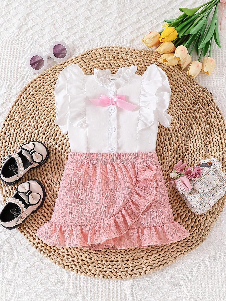 Elegant Double-Layer Ruffle Top With Stylish Skirt For Baby Girl - Pink - View 1