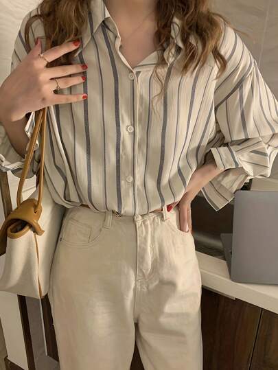 休闲拼色条纹落肩长袖衬衫