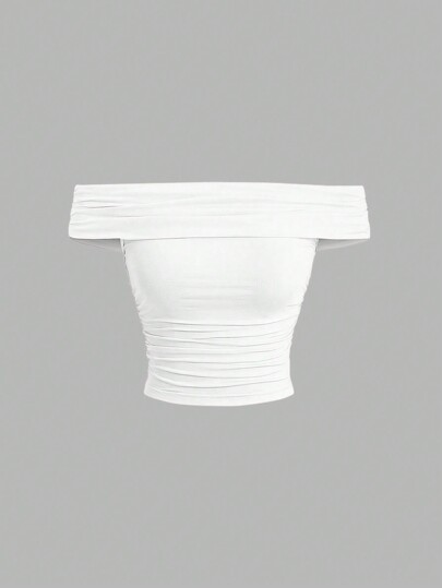 Sweetra Camiseta ajustada de hombros descubiertos con plisados de verano para mujer, conjunto de estilo Y2K de unicolor