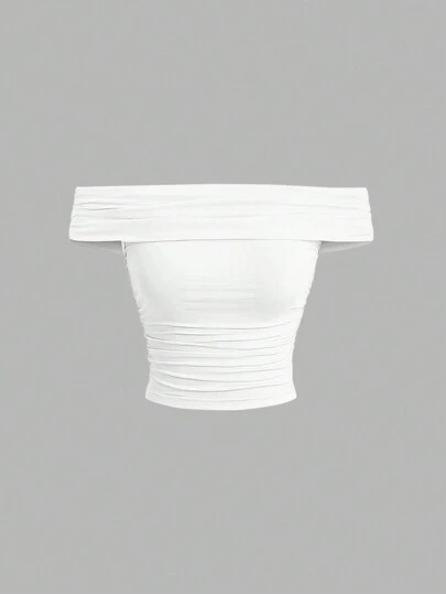 Sweetra Women's Summer Slim Fit Pleated Off Shoulder T-Shirt, Solid Color Y2K