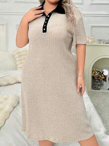 Color-Blocked Collar Half Placket Shirt Dress, Plus Size, Short Sleeved Sleepwear