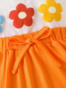 Baby Girl Cute Flower Foam Printed Puff Sleeve Top & Printed Skirt Set, Spring/Summer