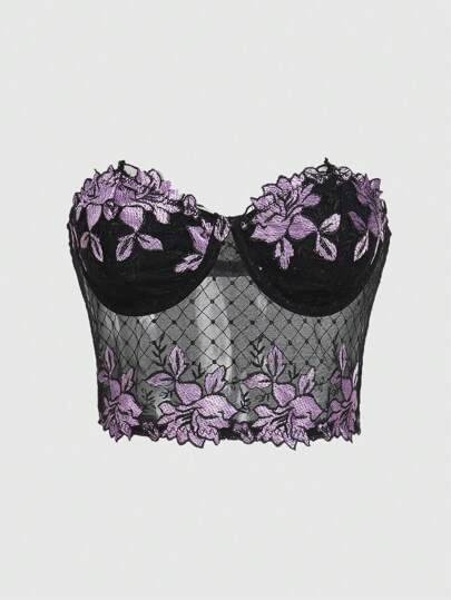 Goth Damen Sommer Blumen besticktes Mesh Tube Top