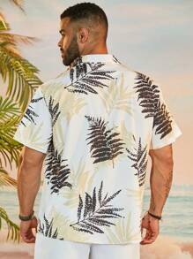 Manfinity Homme Conjunto casual de dos piezas para vacaciones, camisa de manga corta y pantalones cortos con estampado de palmeras para hombre de talla grande - Blanco - Ver 2