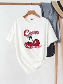 SHEIN EZwear Women's Plus Size Cherry Graphic Print T-Shirt, Casual Loose Pullover Tee Suitable For Summer, Plus Size - White - View 3
