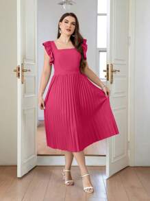 SHEIN Privé Plus Size Elegant Commuter Pleated Solid Midi Dress With Ruffle Sleeves, Summer