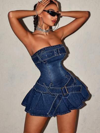 SHEIN ICON 女士夏季水洗褶皺修身迷你無肩帶牛仔裙