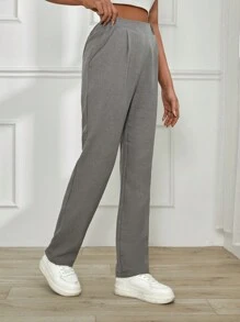 EURMUSE Women Grey Linen Pants With Elastic Waist Detail 200 - Grey - View 4