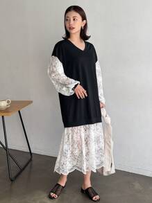 FRIFUL Designer 女士宽松V领撞色灯笼袖荷叶边连衣裙，春秋季吊带裙，休闲女式长袖连衣裙 - 黑色 - 查看 1
