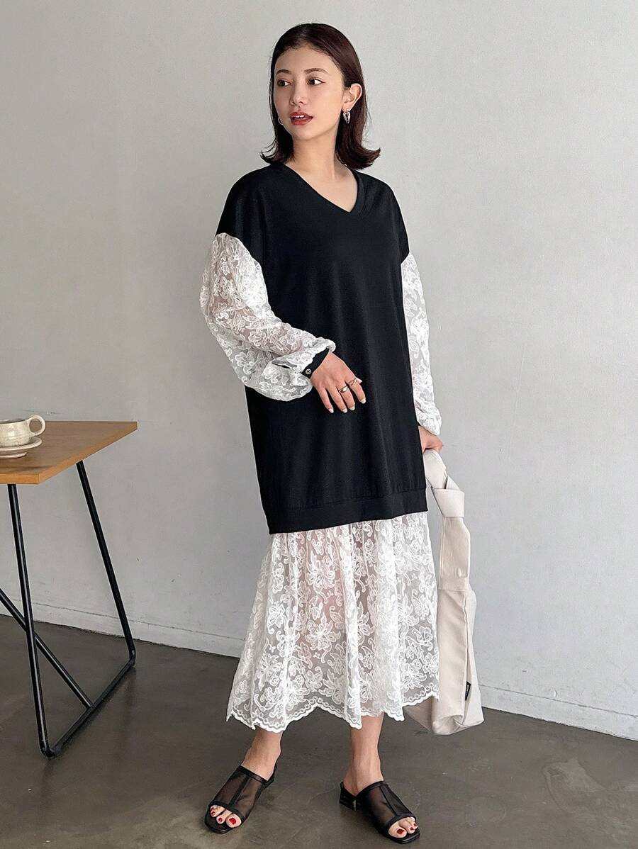 FRIFUL Designer 女士宽松V领撞色灯笼袖荷叶边连衣裙,春秋季吊带裙,休闲女式长袖连衣裙 - 黑色 - 查看 1