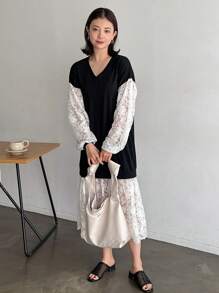 FRIFUL Designer 女士宽松V领撞色灯笼袖荷叶边连衣裙，春秋季吊带裙，休闲女式长袖连衣裙 - 黑色 - 查看 2