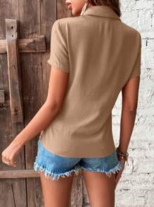 Breezaya 度假休閒純色常規肩短袖襯衫 - 駝色 - 查看 2