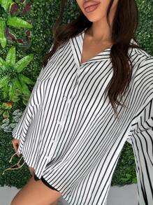 SHEIN SXY Camisa suelta de rayas de manga larga para las vacaciones de verano
