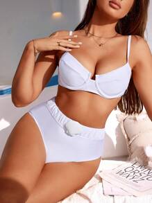 SHEIN Swim 女士纯色性感比基尼套装，度假海滩泳装夏季 - 白色 - 查看 1