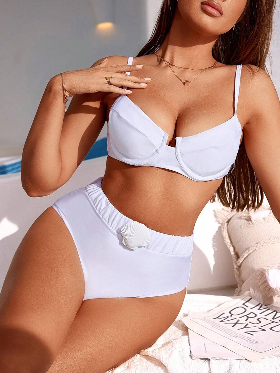 SHEIN Swim 女士纯色性感比基尼套装，度假海滩泳装夏季 - 白色 - 查看 1