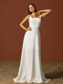 Simple Square Neckline Spaghetti Strap French Style Bridal Dress, Lightweight - White - View 6