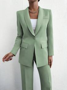 EURMUSE Women's Commuter Green Collar Single-Button Suit With Long Sleeve And Pants, Solid Color Elegant Business Suit - Mint Green - View 5