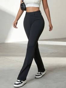 Yoga High Stretch Slim Pocket Design Women Straight Leg Pants, Business Casual Trousers For Office Wear, Autumn - Black - View 1