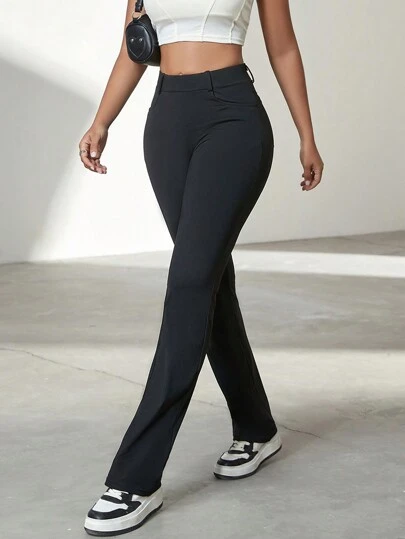 Yoga High Stretch Slim Pocket Design Women Straight Leg Pants, Business Casual Trousers For Office Wear, Autumn