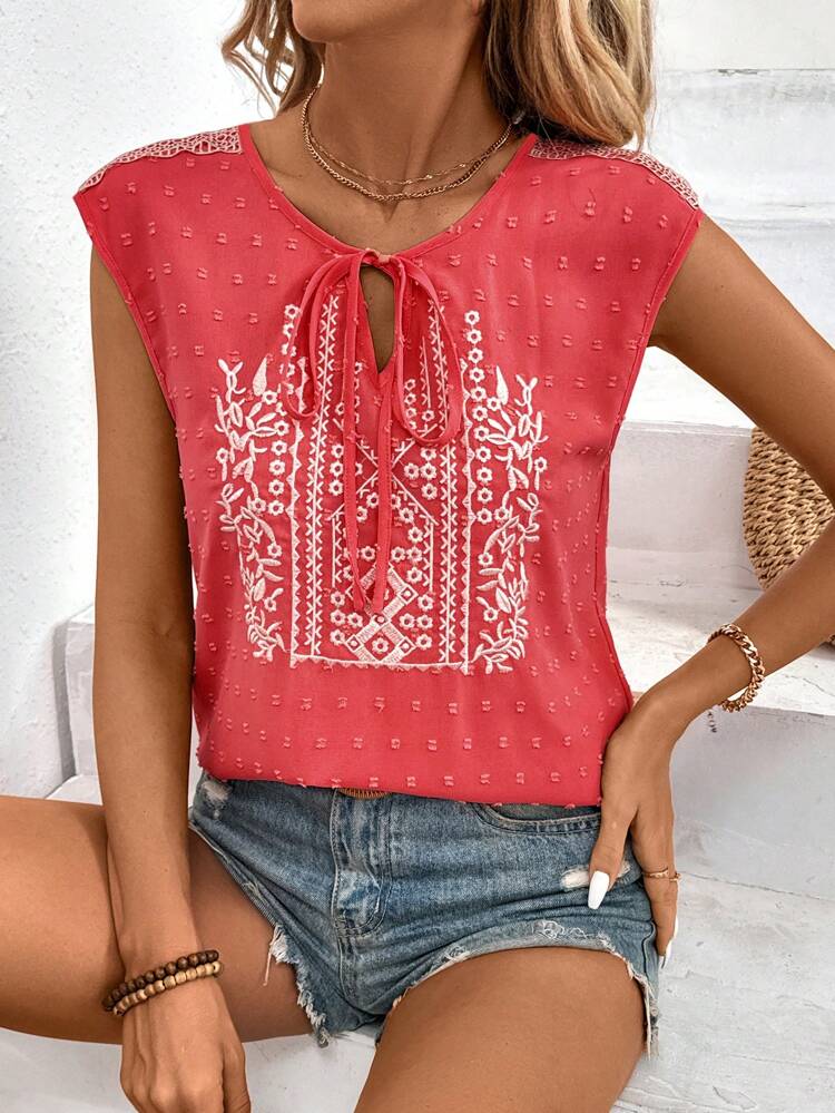 Women's Swiss Dot Lace Up Sleeveless Summer Shirt, Holiday Style